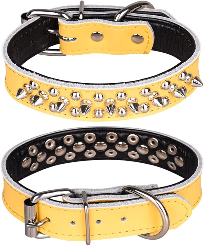 Adjustable Genuine Leather Spiked Studded Dog Collars for Small Medium Large Pets Like Pit Bull Bulldog Pugs Husky (M, Yellow)