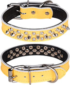 Adjustable Genuine Leather Spiked Studded Dog Collars for Small Medium Large Pets Like Pit Bull Bulldog Pugs Husky (L, Yellow)