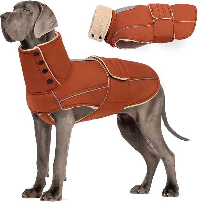 ASENKU Warm Dog Coat, Waterproof Dog Jackets for Large Dogs with Reflective Fleece Vest Turtleneck with Button,Windproof Cold Weather Coats for Small Medium Large Dogs, Red Brown, 2XL
