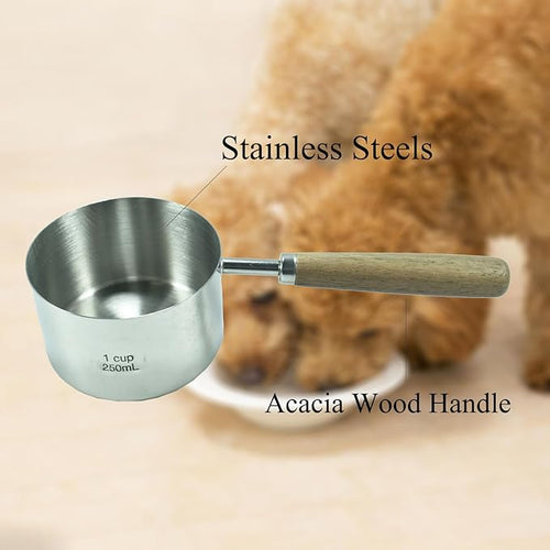 1 Cup Stainless Steel Dog Cat Food Measuring Scoop for Dry and Wet Food, Accurate Measurement for Rice, Flour, Grain (Long Handle Silver)