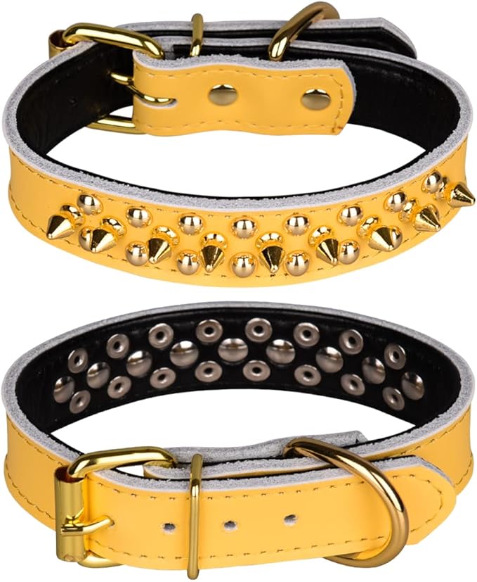 Adjustable Genuine Leather Spiked Studded Dog Collars for Small Medium Large Pets Like Pit Bull Bulldog Pugs Husky (S, Yellow2)
