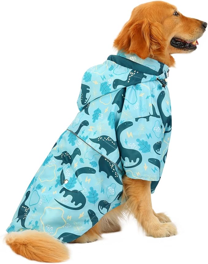 HDE Dog Raincoat Poncho Double Layer Zip Rain Jacket with Removable Hood, Leash Hole for Small to 3XL Dogs and Puppies Dinosaurs - 2XL