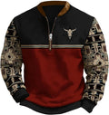 HOTYD Aztec Cowboy Jacket Men Vintage Bullhorn Printed Oversized Western Sweatshirt Long Sleeve Quarter Zip Pullover