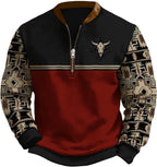 HOTYD Aztec Cowboy Jacket Men Vintage Bullhorn Printed Oversized Western Sweatshirt Long Sleeve Quarter Zip Pullover
