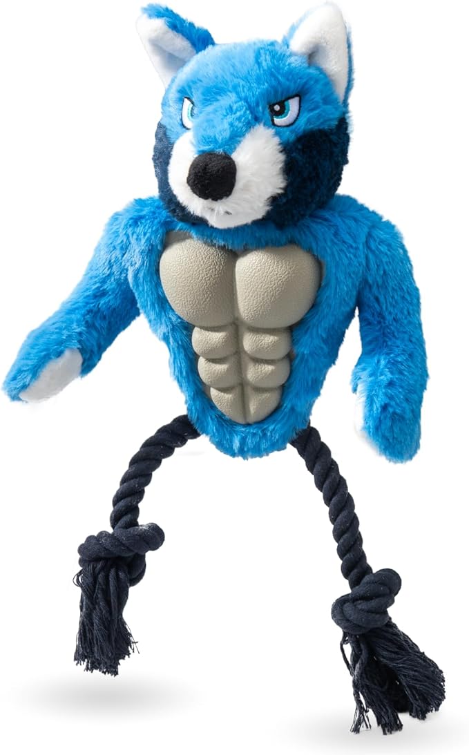 Muscle Wolf Dog Toy – Durable Plush with Rubber Chest & Rope Legs, Squeaky Tug Toy for Medium & Large Dogs, Built for Tough Play, 14.1 Inch Interactive Chew Toy