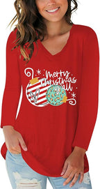 Tobrief Women's Long Sleeve V-Neck Shirts Fall Graphic Tees Loose Casual T-Shirt