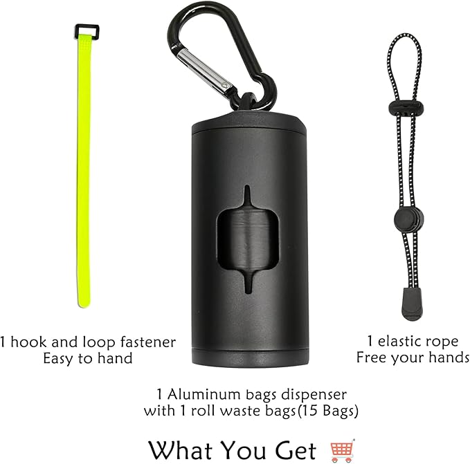 Metal Dog Poop Bag Holder Aluminum Dispenser for Leashes, Hiking & Travel, Lightweight Scratch-Resistant with 3 Attachments and 195 Bags (Black, 1 Holder 15 Bags)