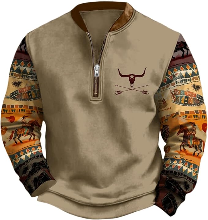 HOTYD Aztec Cowboy Jacket Men Vintage Bullhorn Printed Oversized Western Sweatshirt Long Sleeve Quarter Zip Pullover