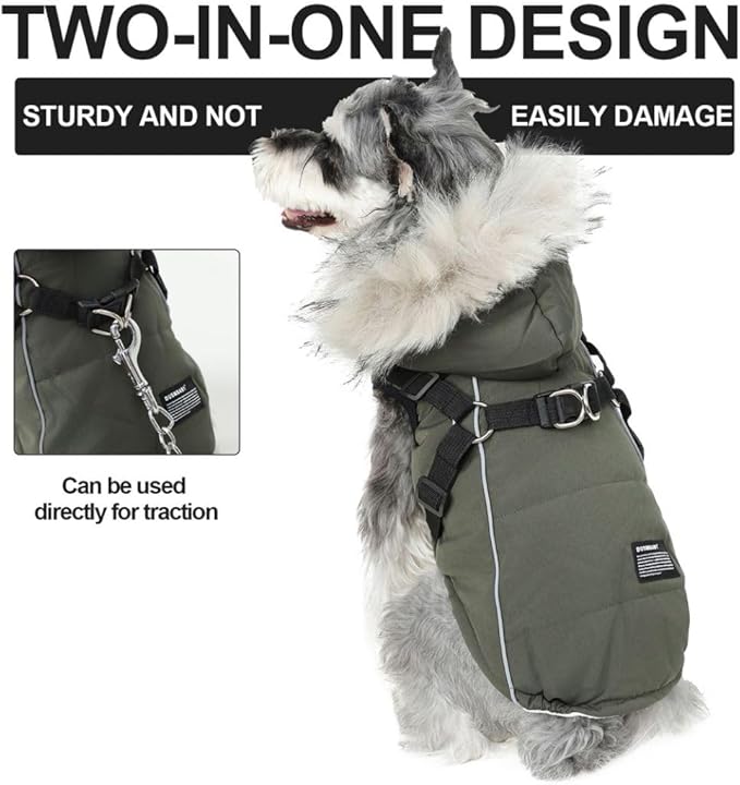 PINA Winter Coat with Waterproof Fabric and Faux Fur Hood, Dog Jacket with Reflective Strap for Small to Large Dogs, Green, M