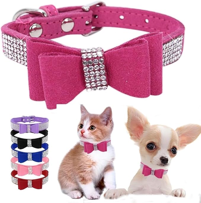 Serijoars Small Dog Collar with Rhinestone Crystal Diamond Colorful Bling Girl Puppy Cat Collars (XS, Hot Pink1)