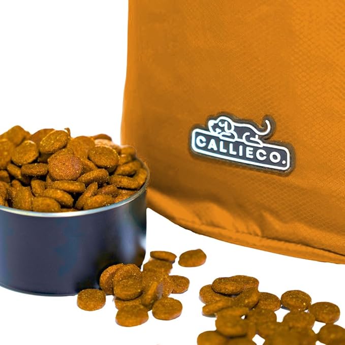 Callieco Dog Food Travel Bag w/ 1 Cup Scoop and Zipper Side Pocket | Waterproof Kibble Storage Container for Home, Road Trips, Camping, Boarding and More (Orange, 32 Cups)