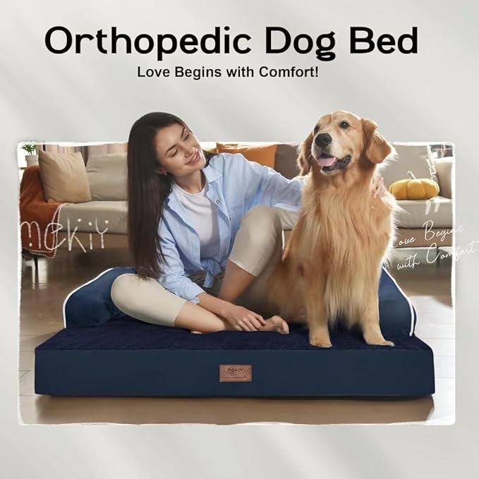 Large Dog Bed Orthopedic Washable - Waterproof with Removable Cover - Memory Foam - Beds Bolster Pet - Couch Sofa - XXL Large Big Dogs - Navy Blue Dog Bed