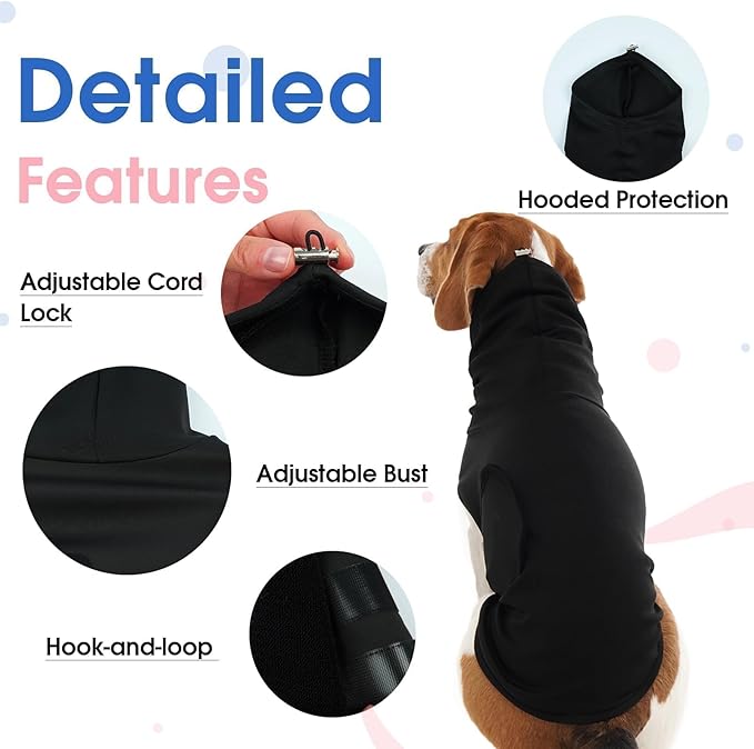 Large Anxiety Relief Vest for Medium Dogs,Soft Calming Shirt | Wraps Adjustable Chest with Hood Neck Wraps,Security in Fireworks & Thunderstorms,Bad Weather(Black)