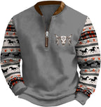 HOTYD Aztec Cowboy Jacket Men Vintage Bullhorn Printed Oversized Western Sweatshirt Long Sleeve Quarter Zip Pullover