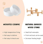 SPUNKYJUNKY 15° Slanted Ceramic Dog and Cat Bowl with Wooden Stand, Tilted Bulldog Food and Water Bowl No Slip Non-Spill for Cats Medium Dogs Big Face Pets 28.7 OZ (3.6 Cups, White × 2)