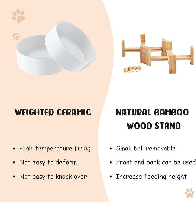 SPUNKYJUNKY 15° Slanted Ceramic Dog and Cat Bowl with Wooden Stand, Tilted Bulldog Food and Water Bowl No Slip Non-Spill for Cats Medium Dogs Big Face Pets 28.7 OZ (3.6 Cups, White × 2)