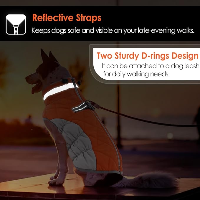 AOFITEE Dog Coat, Warm Dog Winter Coat for Small Dogs, Reflective Turtleneck Dogs Jacket with Harness Built in, Waterproof Windproof Pet Fleece Vest Snow Jacket for Cold Weather, Orange S