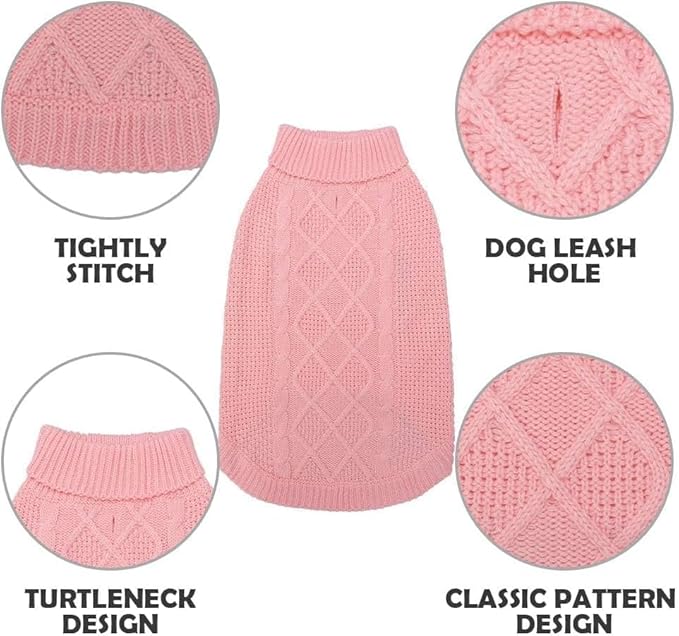 Mihachi Turtleneck Dog Sweater - Winter Coat Apparel Classic Cable Knit Clothes with Leash Hole for Cold Weather, Ideal Gift for Pet in New Year Flesh Pink X-Large