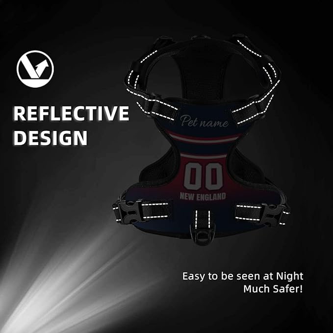 Custom New England Dog Harness with Reflective Stripes Personalized Name and Number Dog Vest Harness with Pet Traction Rope for Small Medium Large Dog