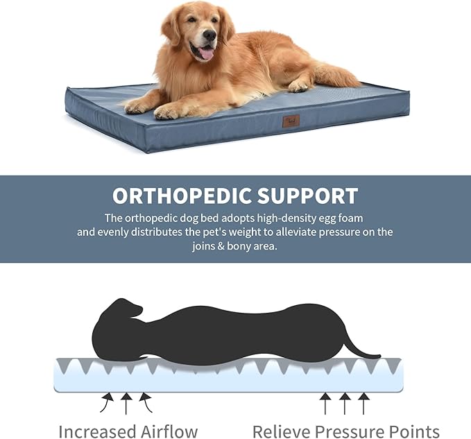 Outdoor Dog Bed for Small Dogs & Cats, Waterproof Dog Crate Mat Orthopedic Egg Crate Foam with Washable Removable Oxford Cover, Blue
