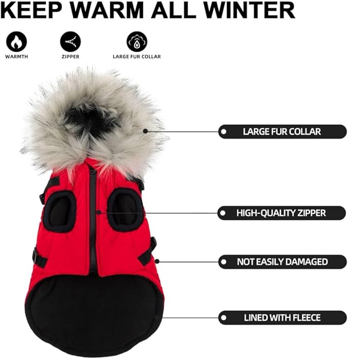 PINA Winter Coat for Dogs - Waterproof Jacket with Faux Fur Hood, Reflective Strap - Red, 2XL