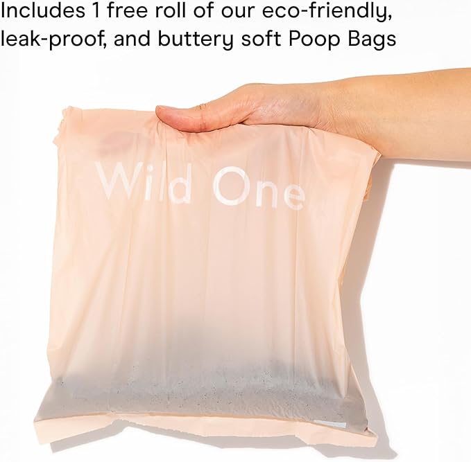 Wild One Dog Poop Bag Holder and Dispenser with Leash Attachment, Leak Proof, Easy Twist Top for Refills, Includes 1 Roll Poop Bags, Navy