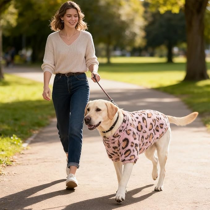 GreenJoy Leopard Print Dog Sweater – Stretchy Fleece Dog Turtleneck Sweatshirt for Puppies & Cats, Soft & Warm Pet Winter Clothes for Small, Medium & Large Dogs (Pink, Large/X-Large)
