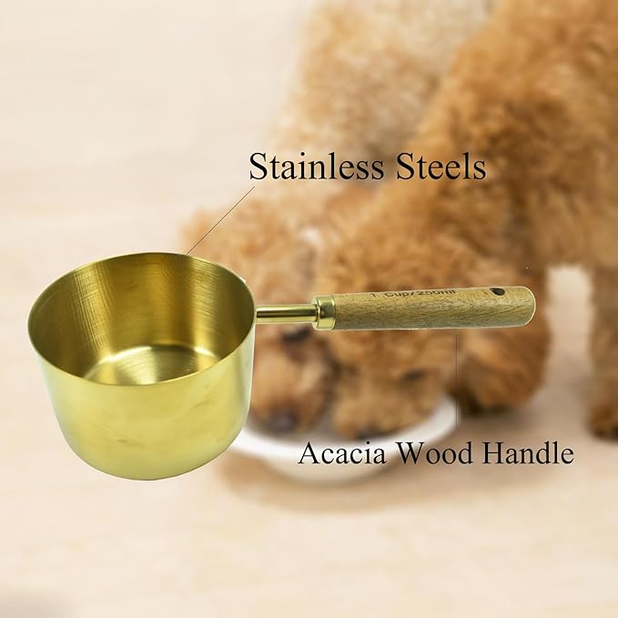 1 Cup Stainless Steel Dog Cat Food Measuring Scoop for Dry and Wet Food, Accurate Measurement for Rice, Flour, Grain (Copper)