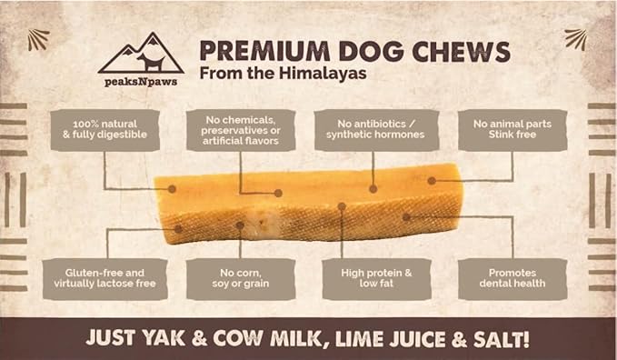 peaksNpaws Yak Cheese, High Protein, Himalayan Dogs Chews, Natural Dog Treats, Lactose Free, Long Lasting Dogs Treat for Aggressive Chewers Under 55 lbs, 8 Large Chew Sticks