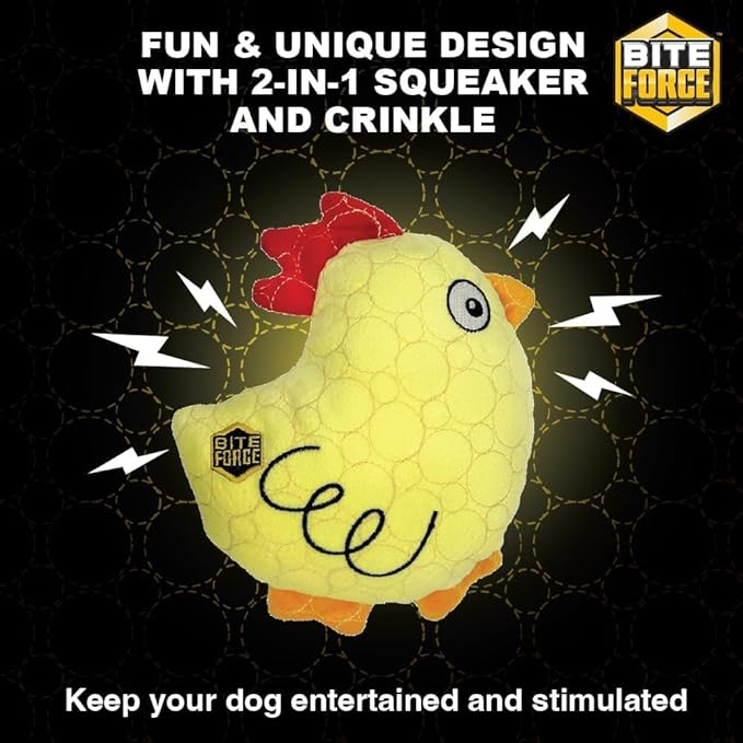 Bite Force - Durable & Strong Dog Toy Yellow Chicken with Squeaker, Kevlar-Reinforced Seams for Aggressive chewers.