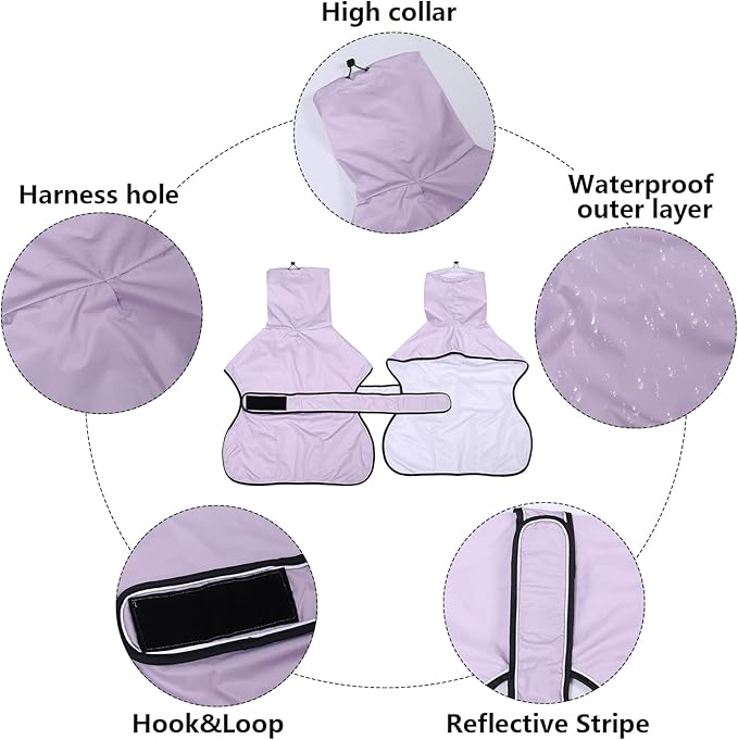Dog Raincoat with Reflective Bar, Rain/Water Resistant, Adjustable Vest - Dog Raincoats for Greyhounds, Lurchers and Whippets - Purple - M