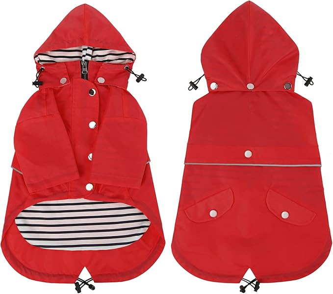HDE Dog Raincoat Poncho Double Layer Zip Rain Jacket with Removable Hood, Leash Hole for Small to 3XL Dogs and Puppies Red - 3XL