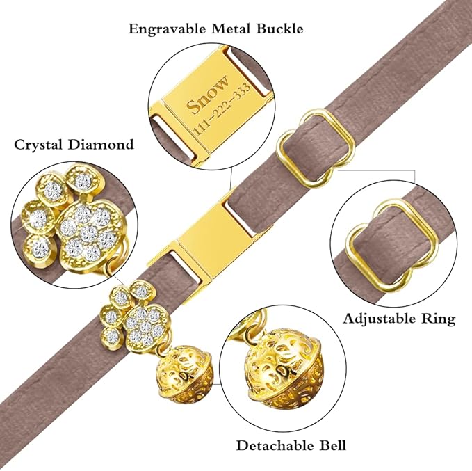 Personalized Breakaway Cat Collars - Magnetic Buckle, Bell - Safety Quick Release, Customized for Girls & Boys Cats- (Velvet-Chocolate)