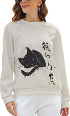 Womens Long Sleeve Tops Y2k Japanese Art Print Sweatshirts Fall Pullover for Women Crewneck Vintage Shirts Boho Tops