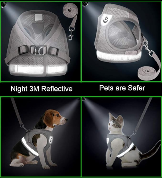 Cat Harnesses and Puppy Harness with Leashes Set, Escape Proof Cat Harness, Adjustable Reflective Soft Mesh Vest Fit Puppy Kitten Rabbit Ferrets's Outdoor Harness(greyXL)