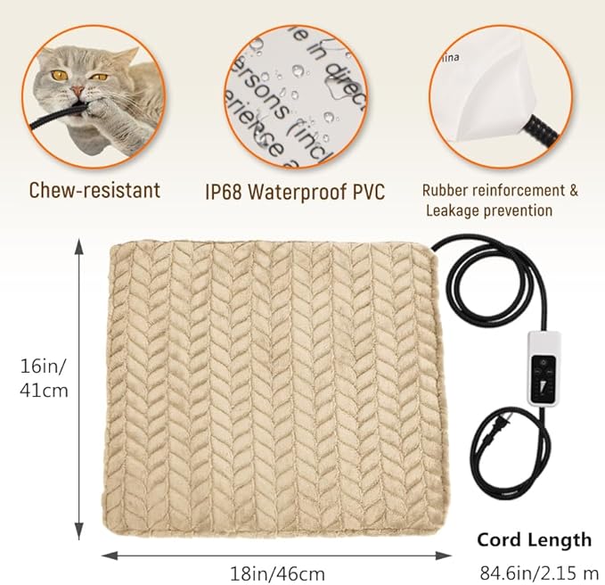 Heeyoo Pet Heating Pad, Adjustable Temperature Dog Cat Heating Pad with Timer, Waterproof Heated Dog Bed with Chew Resistant Cord, Auto Power-Off Indoor Pet Heated Mat for Dogs and Cats, 18" x 16"