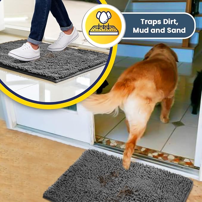 Muddy Mat® Shown on TV Super Absorbent Microfiber Dog Door Mat for Muddy Paws, Non-Slip Washable Pet Rug, Quick Dry Chenille Entryway Carpet, Machine Washable Indoor Outdoor mat, Grey 30"x19"
