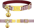Personalized Breakaway Cat Collars - Magnetic Buckle, Bell - Safety Quick Release, Customized for Girls & Boys Cats- (Houndstooth-Burgundy)