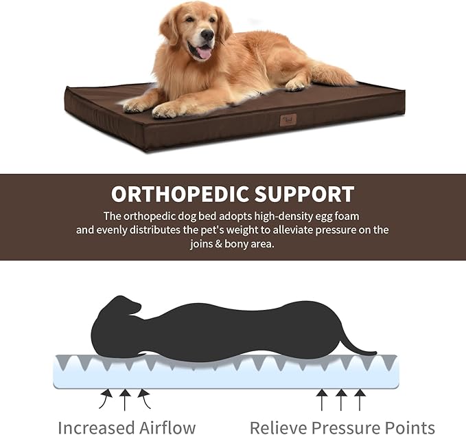 Outdoor Extra Large Dog Bed, Jumbo Waterproof Dog Bed for Large Dogs, Orthopedic Egg Crate Foam Pet Mat with Removable Oxford Cooling Cover, Brown