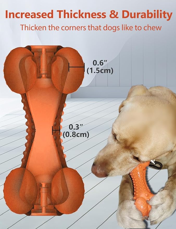 SCHITEC Squeaky Dog Chew Toy, Tough Durable Natural Rubber Bone with Toothbrush, Indestructible for Aggressive Chewers Large Medium Breed Teeth Cleaning