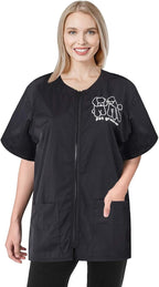 Noverlife Short Sleeves Pet Grooming Work Clothes with Full Zipper, M Size, Splash Proof Anti-Static Pet Beautician Smock, Dog Cat Groomer Cosmetologist Uniforms