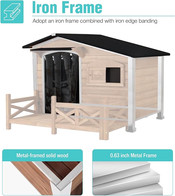 Heated Dog House for Outdoor Use with Matel Frame, Waterproof Design & Heating Blanket - All-Weather Wooden Kennel with Sliding Window & Metal Frame (Brown-H, L)