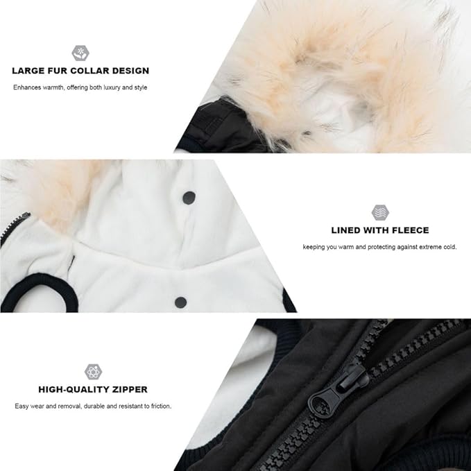 PINA Winter Coat - Waterproof Dog Jacket with Faux Fur Hood, Reflective Strap for Small to Large Dogs, Black, XL