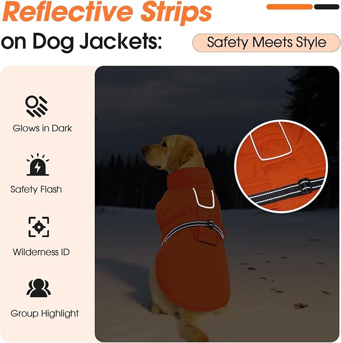 Extra Large Dog Coat, Warm Dog Winter Jacket, Waterproof Dogs Snowsuit with Foldable High Collar, Reflective Strips, Adjustable Hook & Loop Closure - Ideal for Cold Weather - Orange 5XL