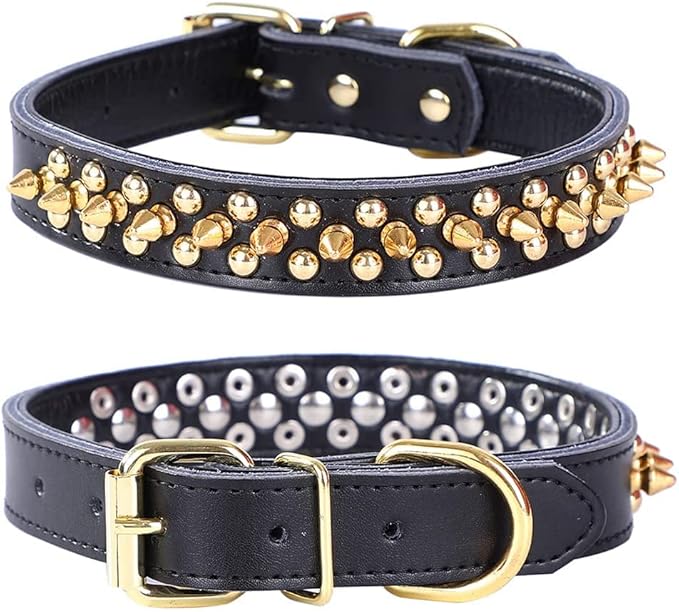 Adjustable Genuine Leather Spiked Studded Dog Collars for Small Medium Large Pets Like Pit Bull Bulldog Pugs Husky (S, Black2)