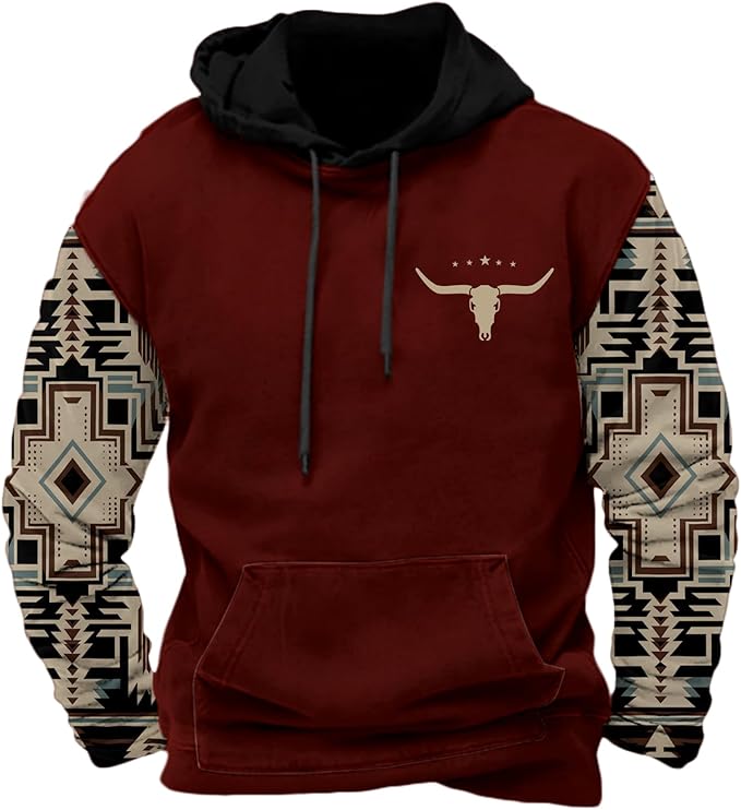 HOTYD Mens Western Aztec Sweatshirts Long Sleeve Fall Fashion Drawstring Pullover Vintage Graphic Cowboy Hoodie for Men