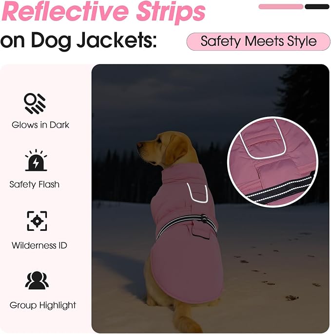 XL Dog Coat, Warm Dog Winter Jacket, Waterproof Dogs Snowsuit with Foldable High Collar, Reflective Strips, Leash Hole, and Adjustable Hook & Loop Closure - Ideal for Cold Weather - Pink XL