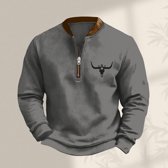 HOTYD Aztec Cowboy Jacket Men Vintage Bullhorn Printed Oversized Western Sweatshirt Long Sleeve Quarter Zip Pullover