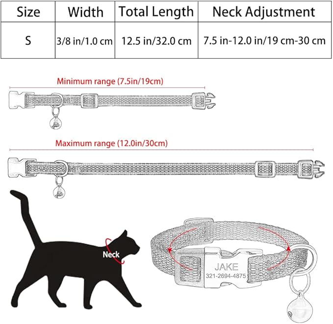 Personalized Reflective Nylon Cat Collar with Name Phone,Custom Engraved Buckle Cat Collar with Bell,Adjustable for Small Dogs Puppy Kitten (Navy Blue,fit 7.5''-12.0'')