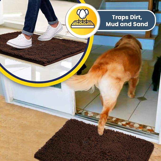 Muddy Mat® Shown on TV – Super Absorbent Microfiber Dog Door Mat for Muddy Paws, Non-Slip Washable Pet Rug, Quick Dry Chenille Entryway Carpet, Machine Washable Indoor Outdoor mat, Brown 30"x19"